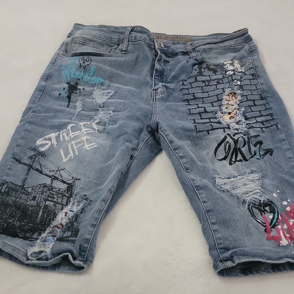 Rutherford Street Art Denim Shorts Size 34 Slim Fit